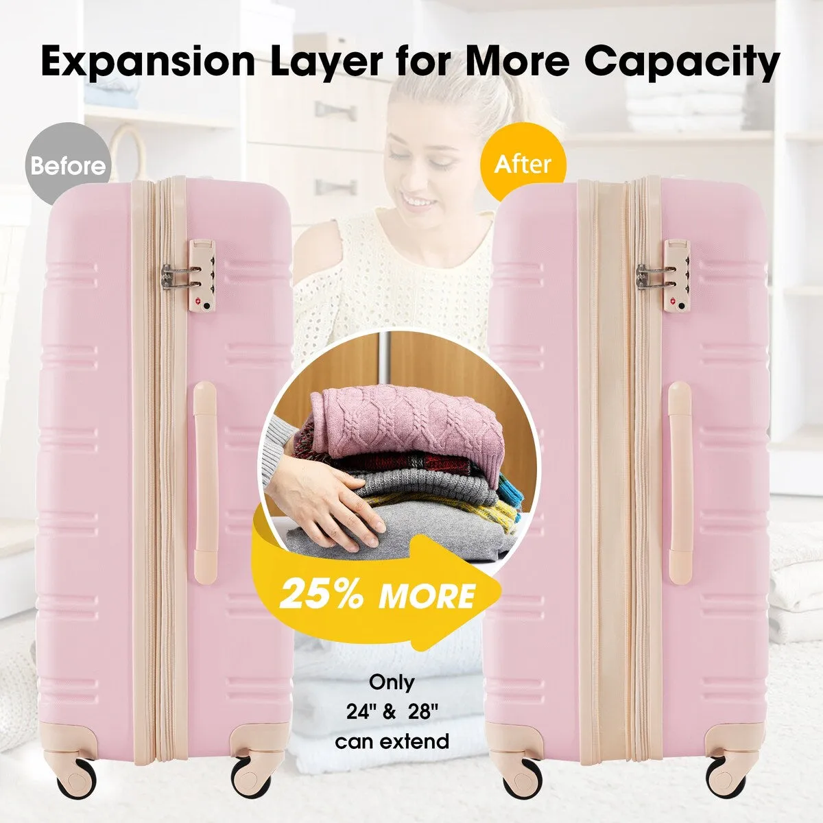 20'' 28'' Suitcase Travel Bag 3-Piece Luggage Sets, ABS Hardshell Lightweight Luggage with Spinner Wheels and TSA Lock