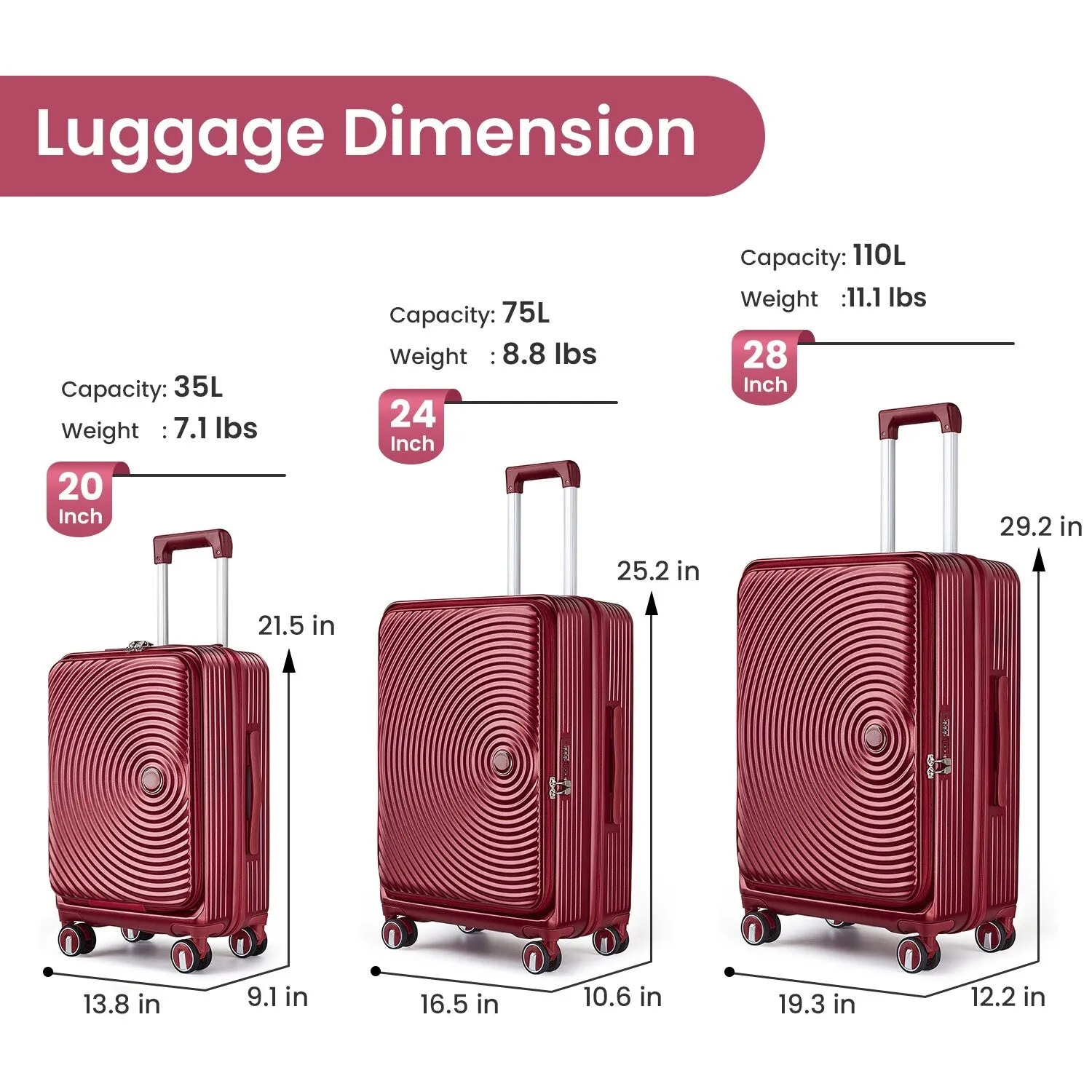 3 Piece (20/24/28) Expandable Luggage Sets with TSA Lock and Spinner Wheels, Hardsided Luggage with Front Pocket