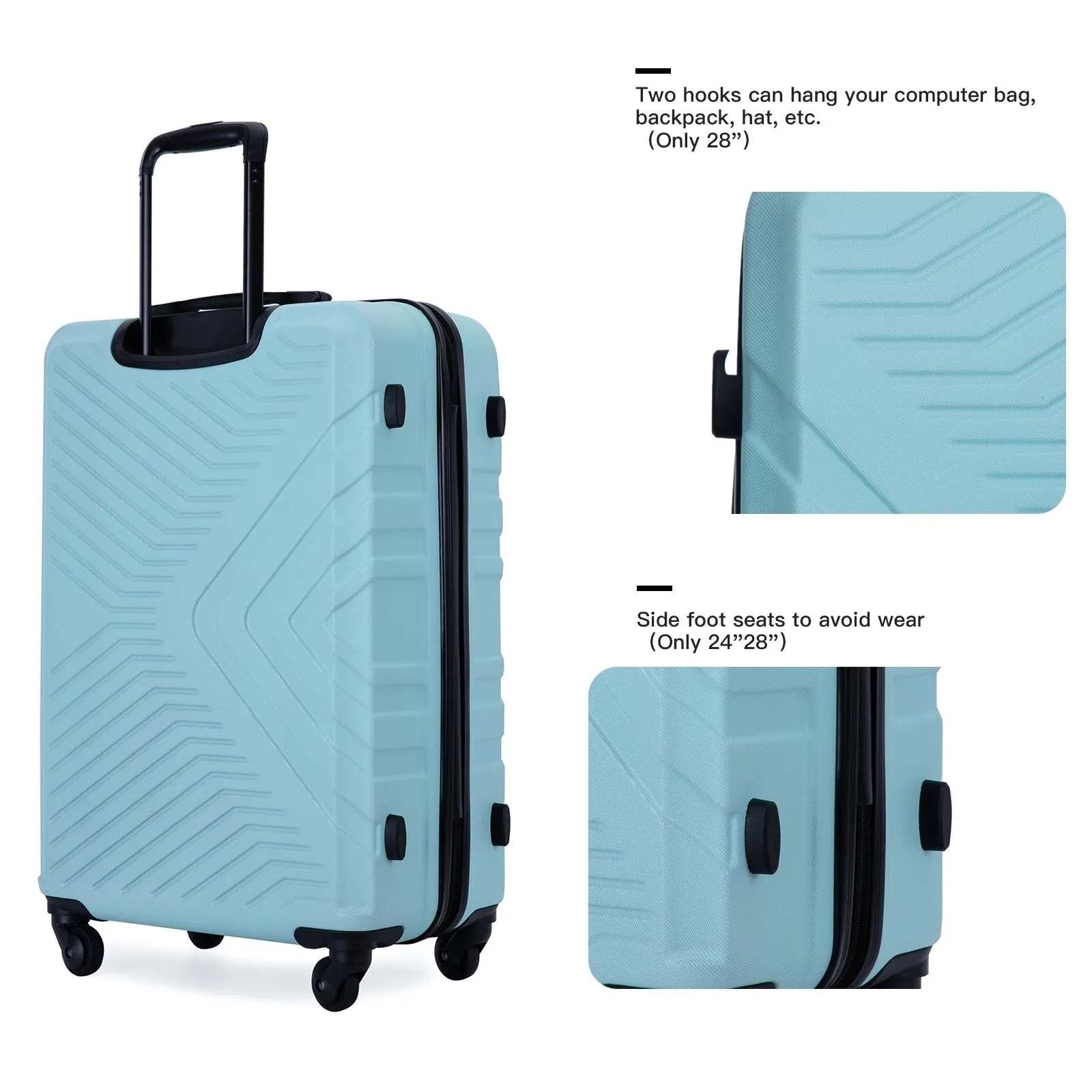 3 Piece Luggage Sets ABS Lightweight Suitcase with Two Hooks, Spinner Wheels, TSA Lock, (20/24/28)
