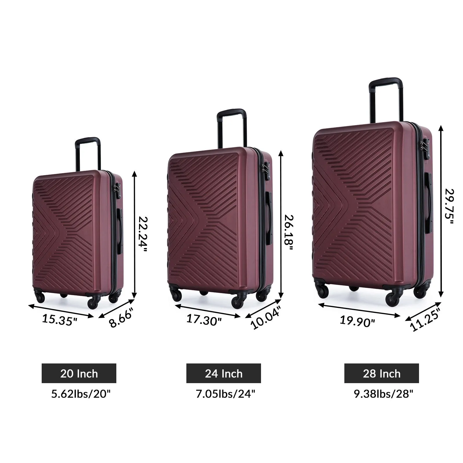 3 Piece Luggage Sets ABS Lightweight Suitcase with Two Hooks, Spinner Wheels, TSA Lock, (20/24/28)
