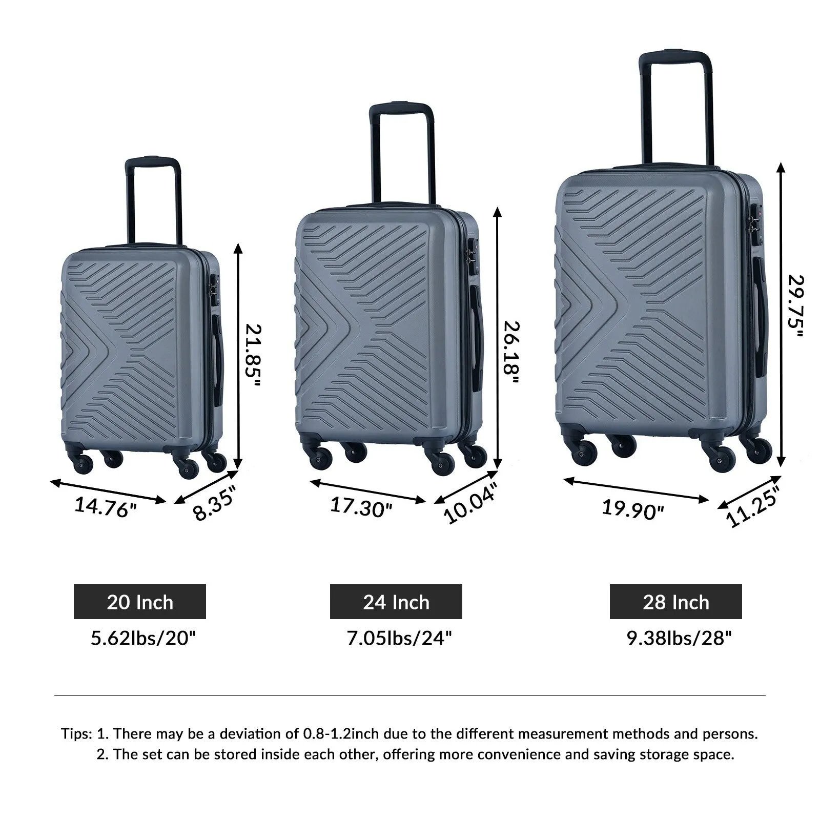 ABS 3 Piece Luggage Sets with Telescoping and Short Handles, Lightweight Suitcase with 2 Hooks and Spinner Wheels & TSA Lock