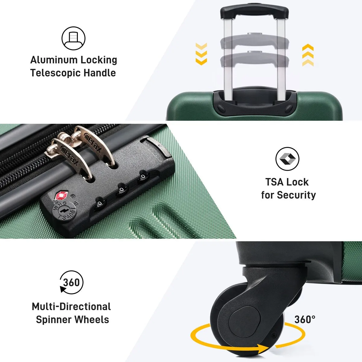 Hardshell Luggage Sets Suitcase with Spinner and TSA Lock(20"24"28"), Dark Green 3-Piece Sets